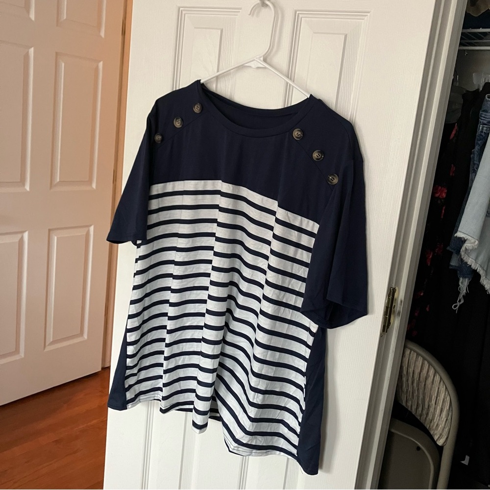 Shein Nautical Striped Navy Button Top